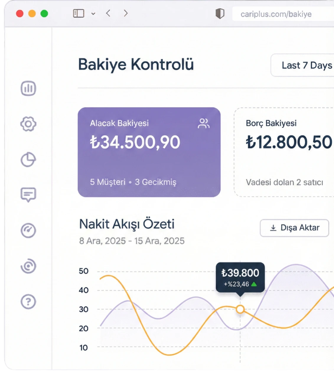 Cari Plus müşteri ve satıcı bakiye takip ekranı