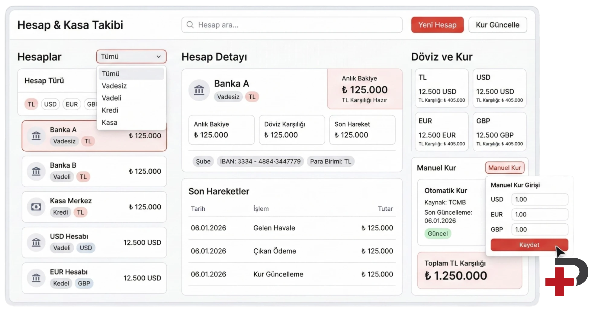 Cari Plus çoklu banka hesapları ve kasa yönetimi ekranı