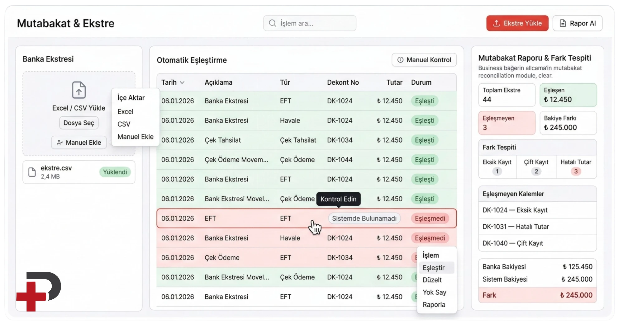 Cari Plus banka mutabakat ve ekstre eşleştirme ekranı