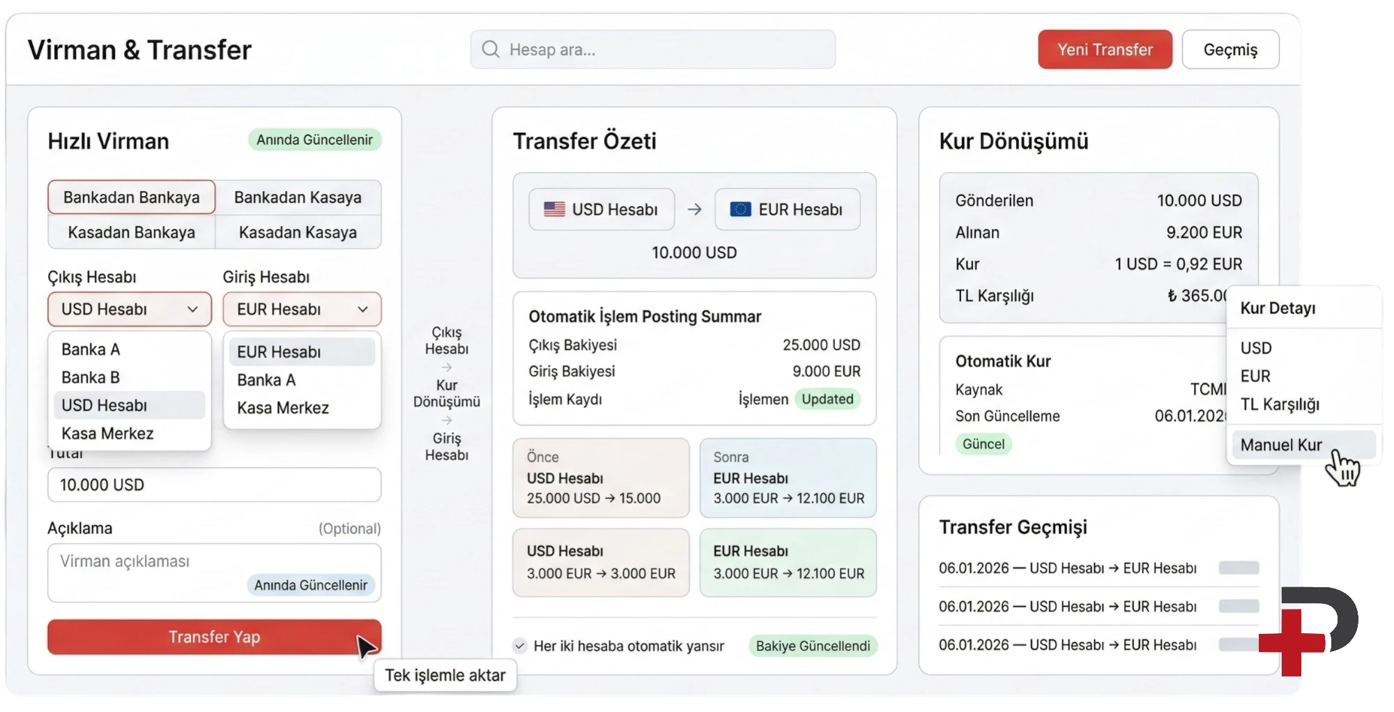 Cari Plus banka ve kasa arası virman ve transfer işlemleri ekranı