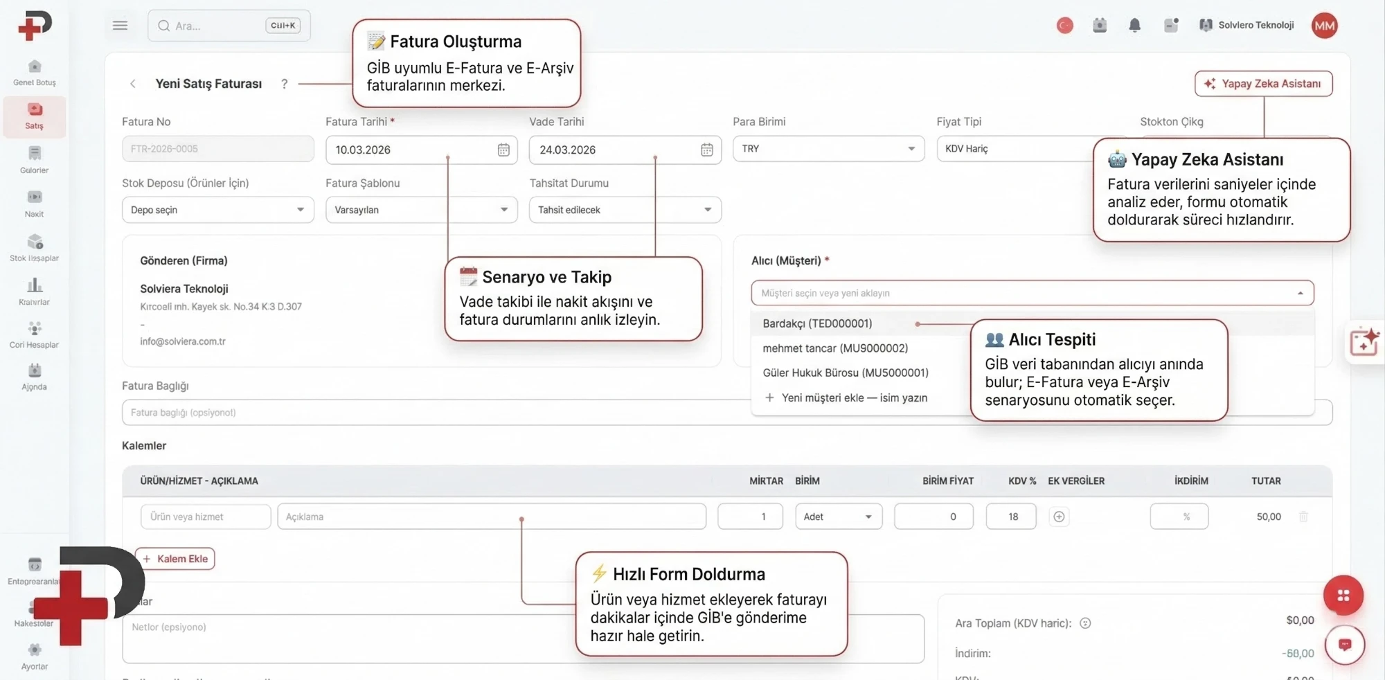 CariMini GİB uyumlu E-Fatura ve E-Arşiv fatura kesme ekranı