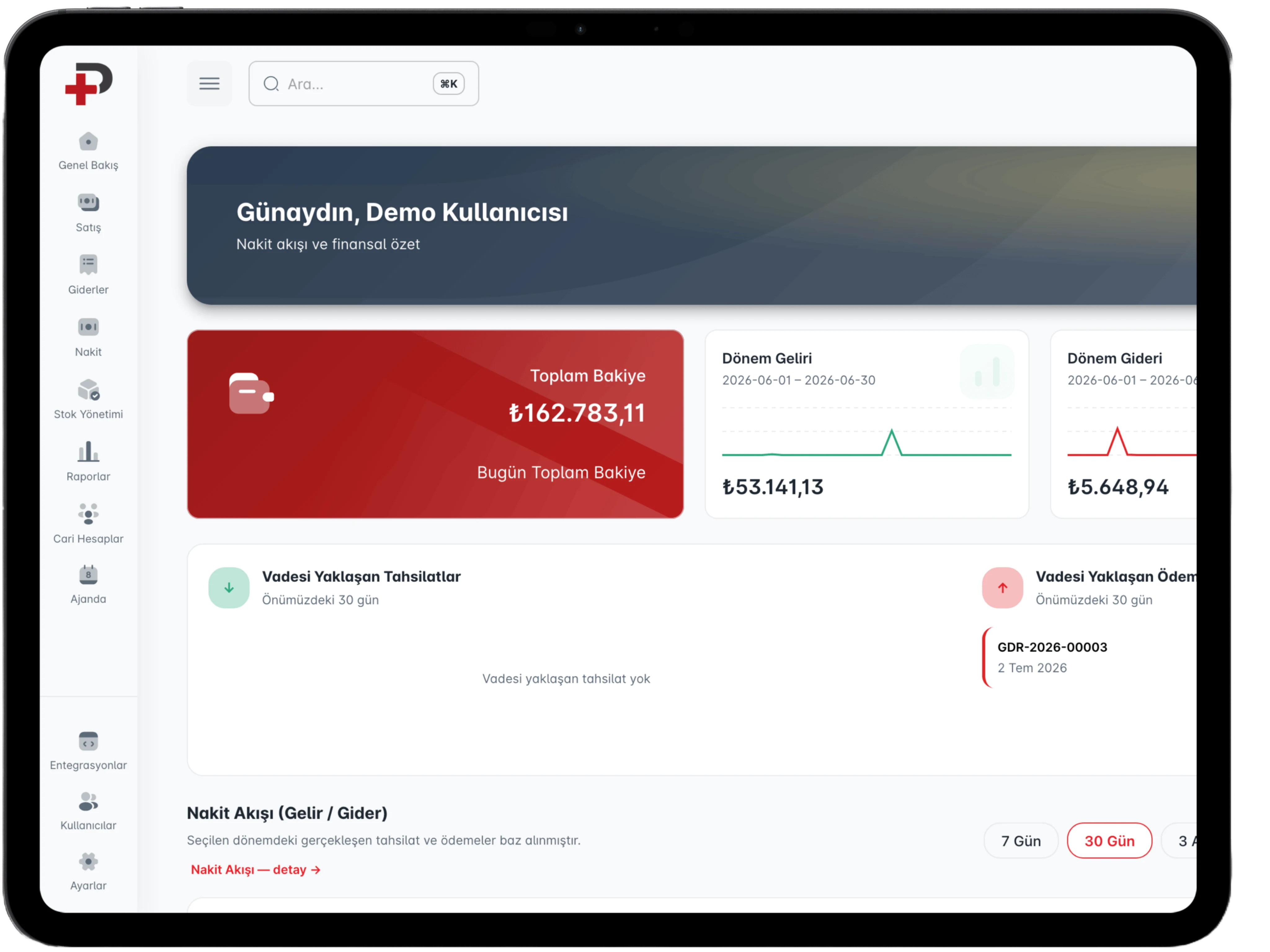 Cari Plus raporlama ve finansal analiz dashboard görünümü