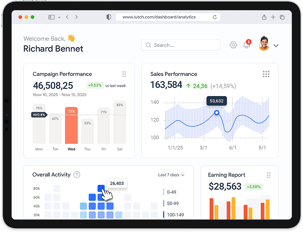 Cari Plus raporlama ve finansal analiz paneli tablet görünümü