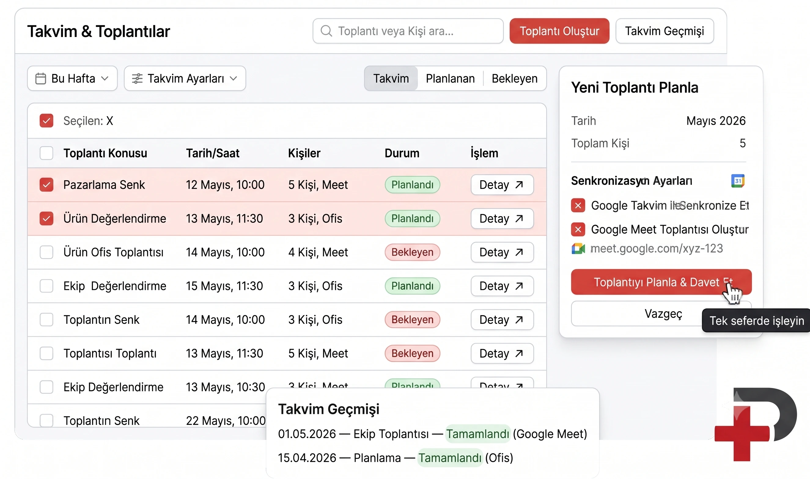 Google Calendar senkronizasyonu ve Google Meet: Cari Plus ajandasının Google takvim ile eşitlenmesi ve toplantı linki