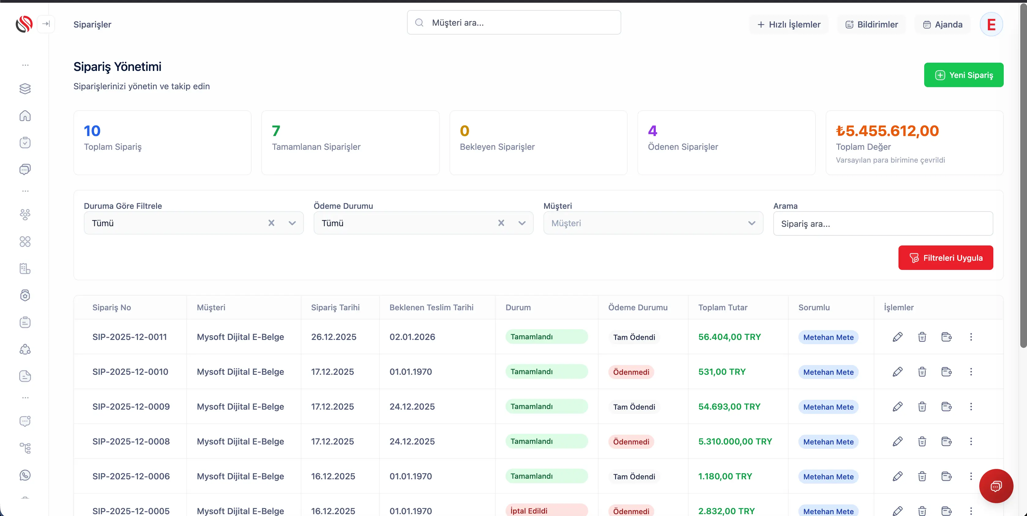 CRM Sipariş Pipeline Görünümü - Satış Süreçleri ve Sipariş Durumu Takibi