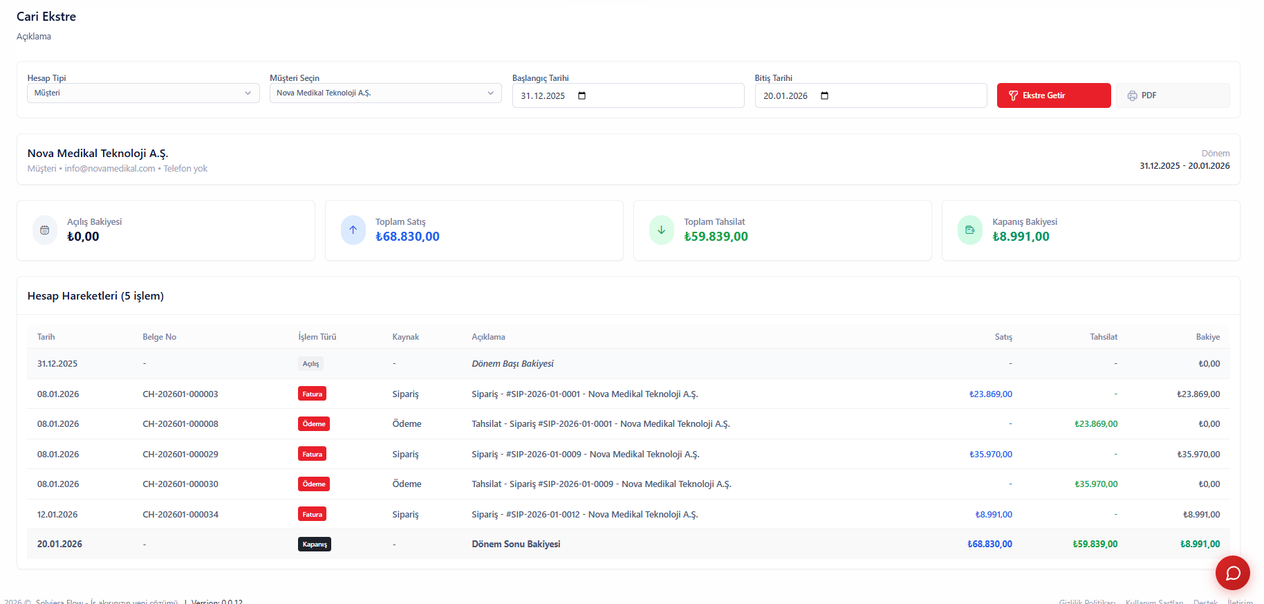 Cari Hesap Ekstre Dökümü - PDF ve Excel formatında detaylı işlem geçmişi