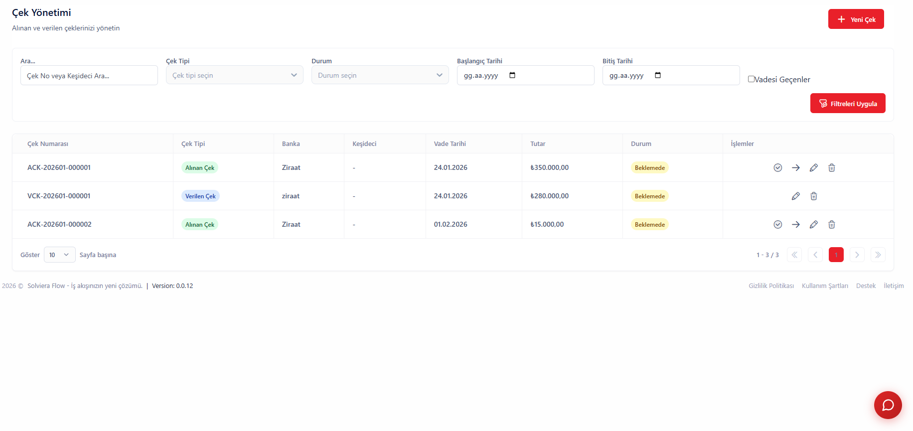 Müşteri Çek Portföyü Yönetim Ekranı - Portföye alma, tahsile verme ve ciro işlemleri