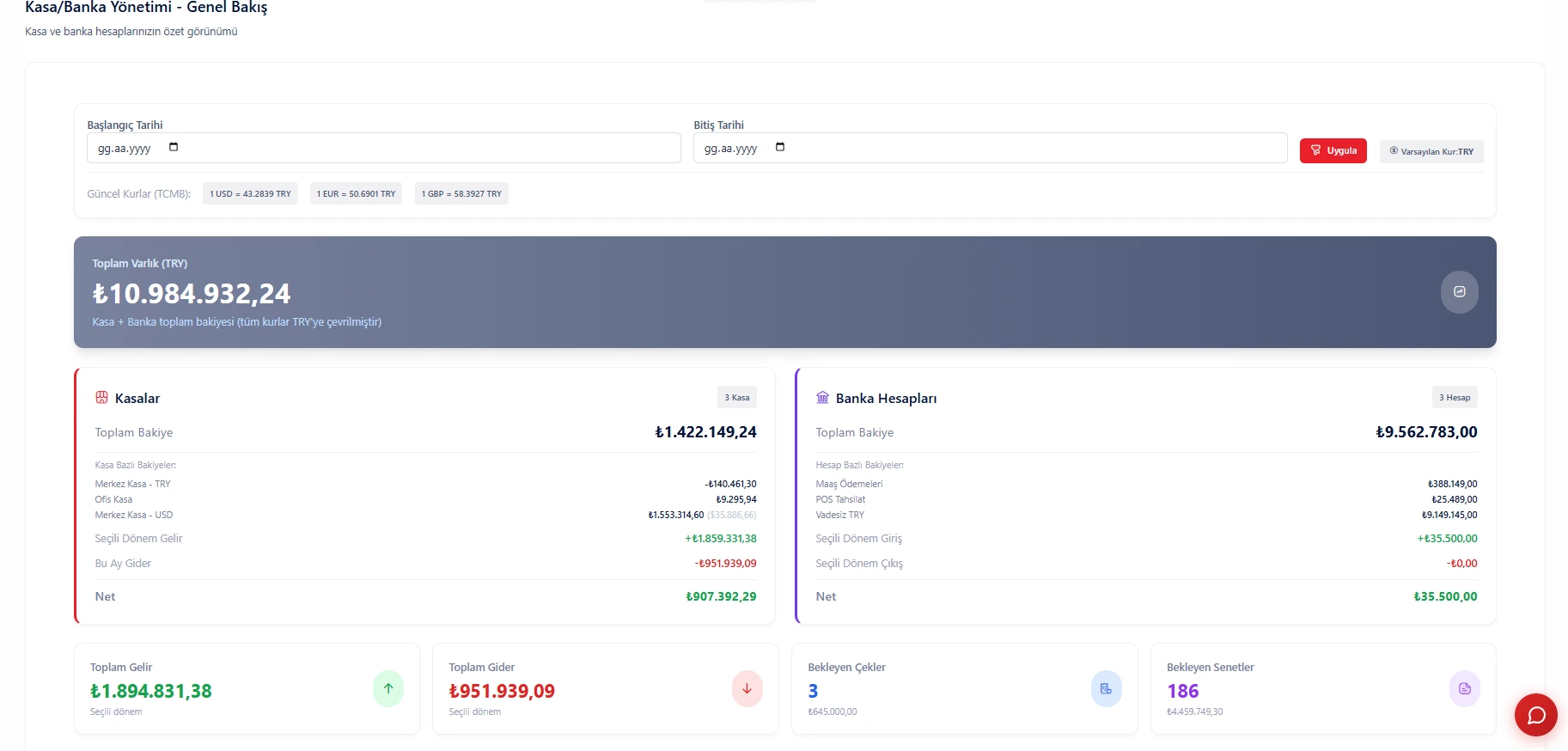 Kasa ve Banka Hesapları Genel Bakış Paneli - Nakit varlıklar ve banka bakiyeleri özeti