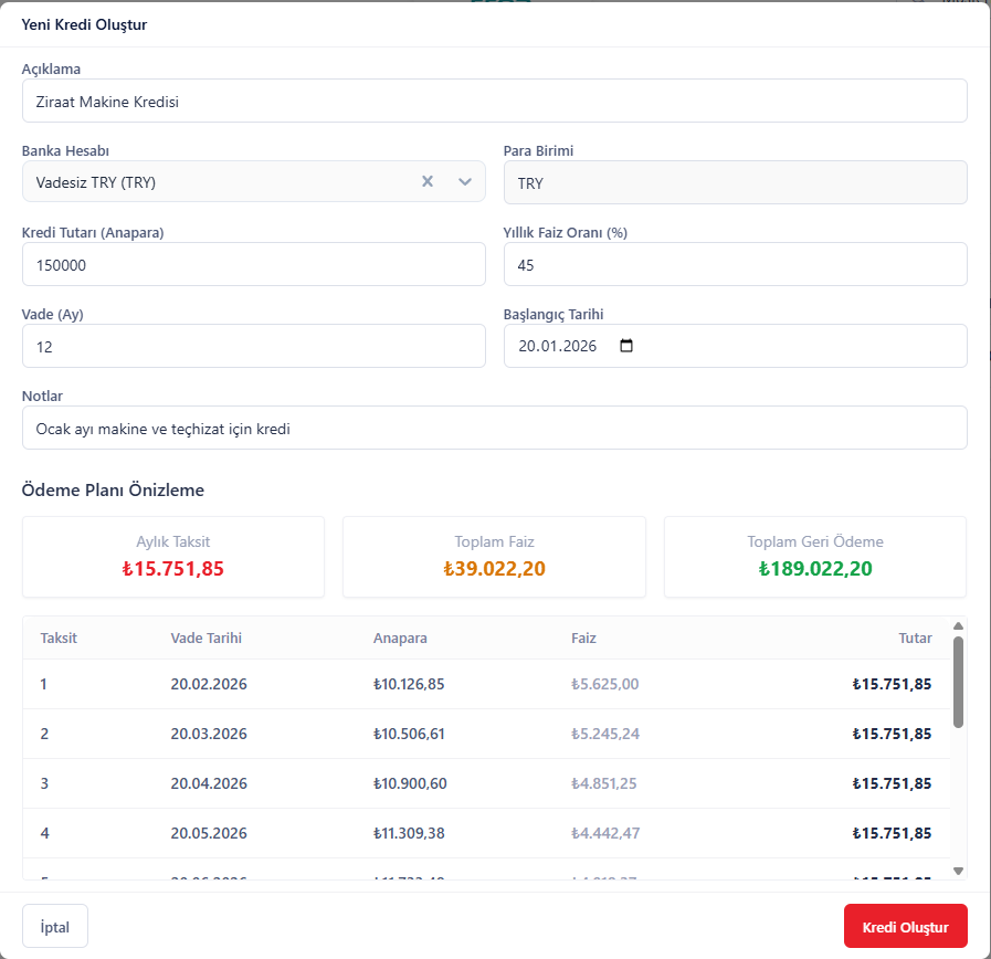 Banka Kredileri Ve Taksit Takip Ekranı - Kredi yönetimi ve vade uyarıları