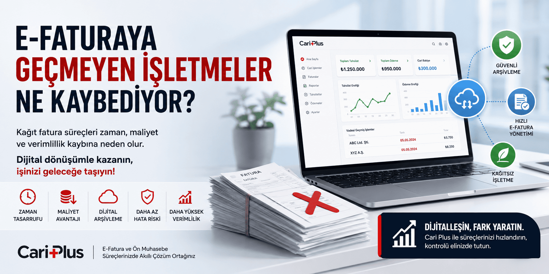 E-Faturaya Geçmeyen İşletmeler Ne Kaybediyor? — Cari Plus Blog kapak görseli