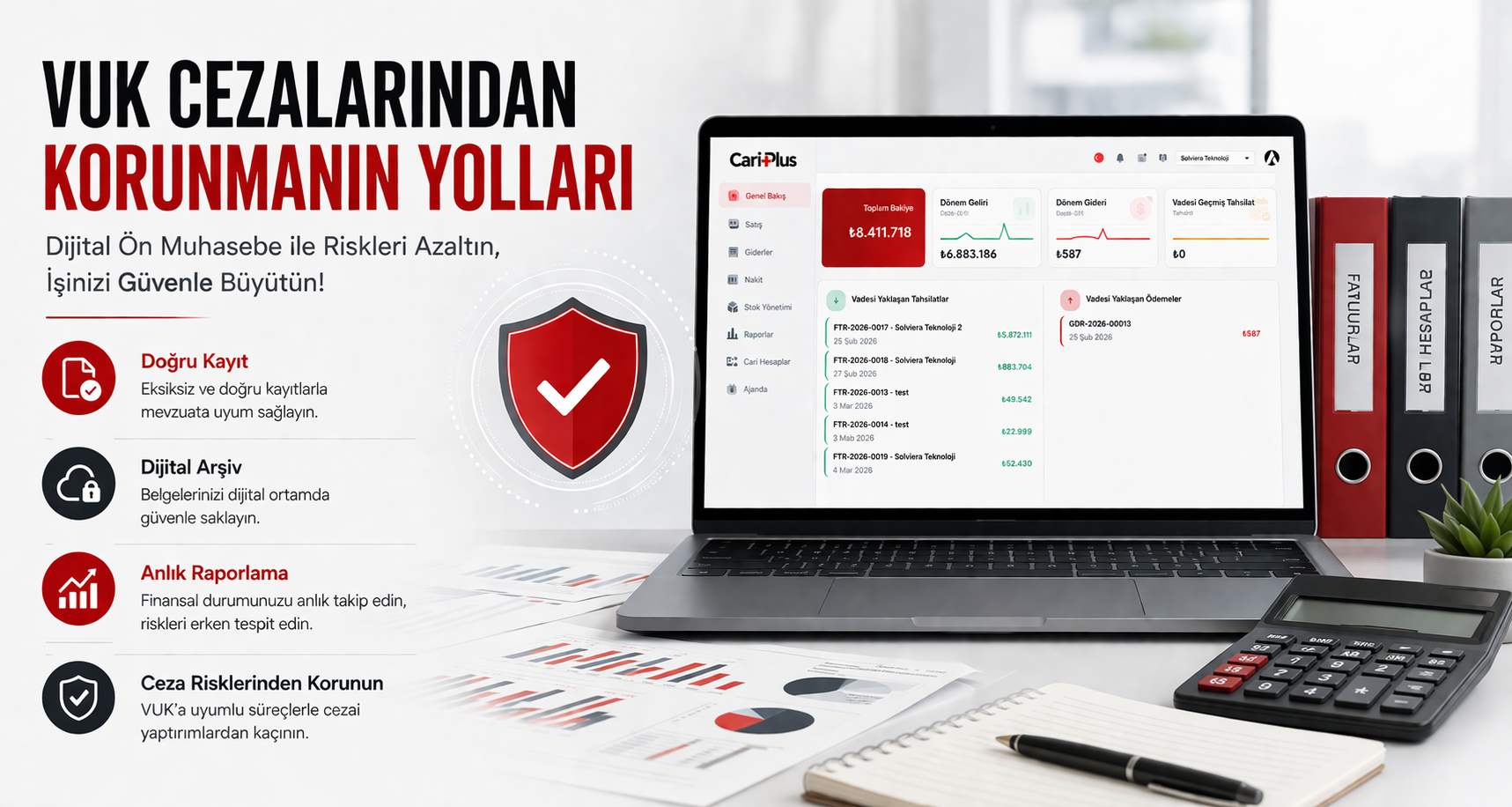 VUK Cezalarından Korunmanın Yolları: İşletmeler İçin Dijital Ön Muhasebe Rehberi — Cari Plus Blog kapak görseli